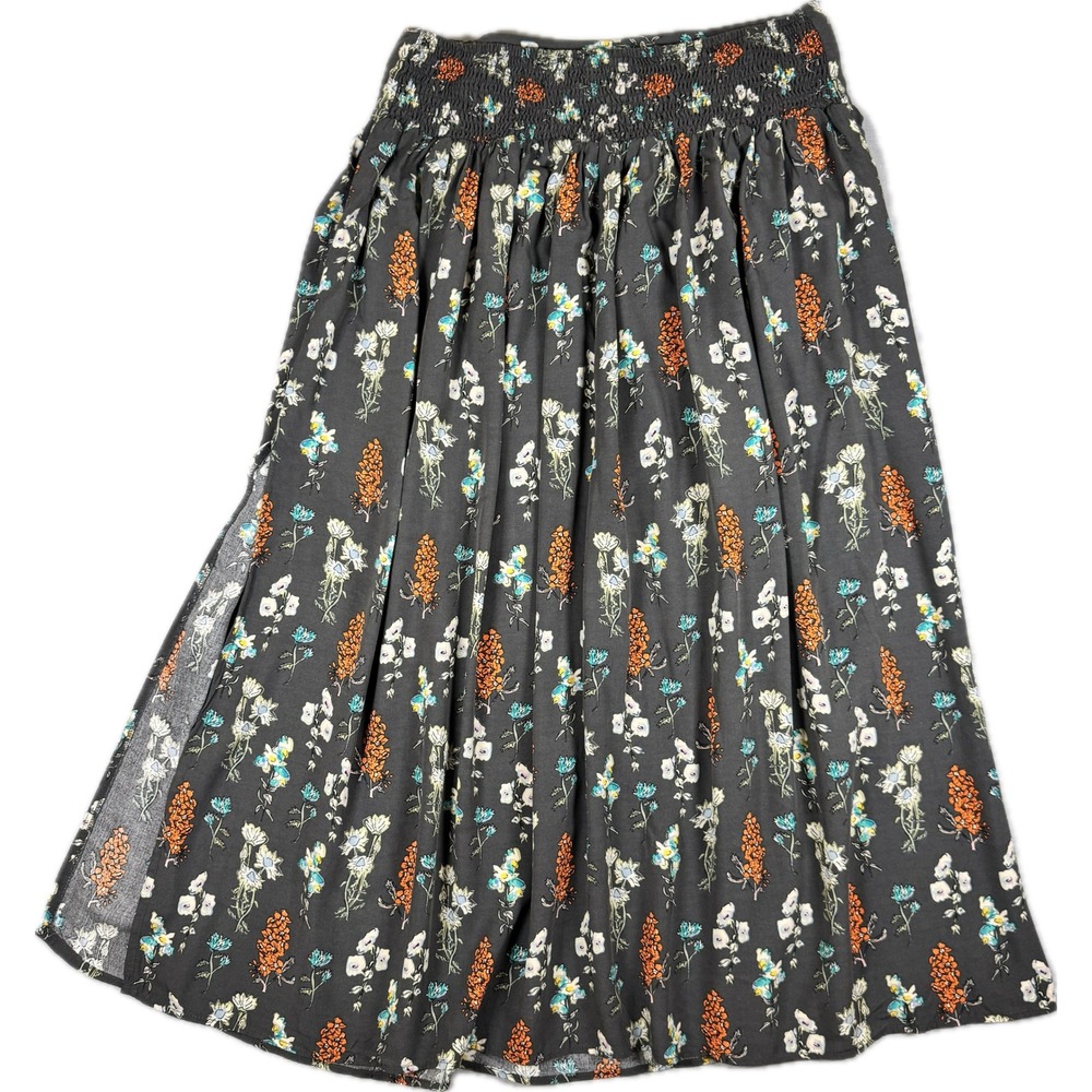 Natural Life Maxi Skirt Womens M Gray Floral Smocked Waist Slit Boho - Picture 5 of 8
